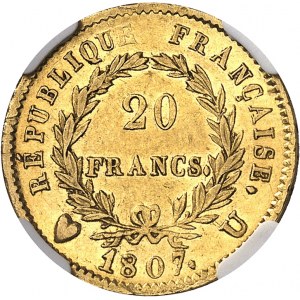Premier Empire / Napoléon Ier (1804-1814). 20 francs type transitoire, grosse tęte 1807, U, Turin.