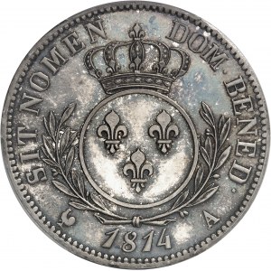 Louis XVIII (1814-1824). Épreuve de Tiolier ŕ la légende latine, au module de 5 francs et écu rond 1814, A, Paris.