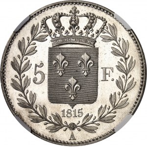 Louis XVIII (1814-1824). Essai de 5 francs, concours de 1815, par Tiolier, Flan bruni (PROOF) 1815, A, Paris.