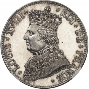Louis XVIII (1814-1824). Module de 5 francs, visite de la Monnaie de Paris par la duchesse d’Angoulęme, Flan bruni (PROOF), refrappe postérieure [1817], frappe aprčs 1880, Paris.