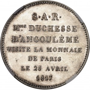 Louis XVIII (1814-1824). Module de 5 francs, visite de la Monnaie de Paris par la duchesse d’Angoulęme, Flan bruni (PROOF), refrappe postérieure [1817], frappe aprčs 1880, Paris.