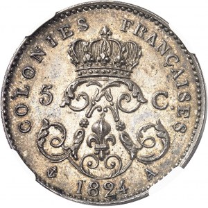 Louis XVIII (1814-1824). Essai de 5 centimes pour les colonies françaises 1824, A, Paris.