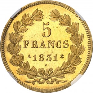 Louis-Philippe Ier (1830-1848). 5 francs Domard, frappe en Or, tranche en relief, Flan bruni (PROOF) 1831, A, Paris.