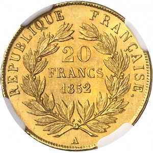 IIe République (1848-1852). 20 francs Louis-Napoléon Bonaparte 1852, A, Paris.