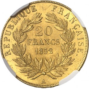 IIe République (1848-1852). 20 francs Louis-Napoléon Bonaparte 1852, A, Paris.