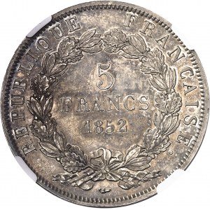 IIe République (1848-1852). 5 francs J. J. BARRE, 1čre épreuve, tranche lisse, Flan bruni (PROOF) 1852, Paris.