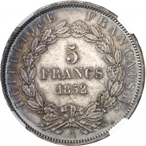 IIe République (1848-1852). 5 francs J. J. BARRE, 2e épreuve, tranche en relief 1852, A, Paris.