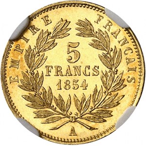 Second Empire / Napoléon III (1852-1870). 5 francs tęte nue petit module, tranche lisse 1854, A, Paris.