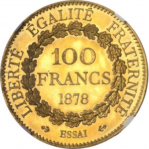 IIIe République (1870-1940). Essai de 100 francs Génie, grandes écritures, Flan bruni (PROOF) 1878, Paris.