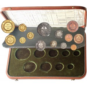 IIIe République (1870-1940). FACULTÉ DE RÉUNION : Coffret d’origine, Monnaies nationales comprenant les 1, 2, 5, 10 centimes bronze ; 20 et 50 centimes, 1, 2 et 5 francs argent ; 5, 10, 20, 50 et 100 francs Or (Réunion des 15 lots précédents n° 786 ŕ n° 8