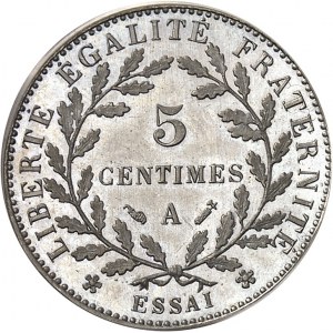 IIIe République (1870-1940). Essai rond de 5 centimes en maillechort d’aprčs Merley, 1er type 1881, A, Paris.