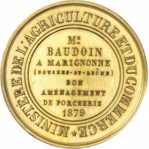 IIIe République (1870-1940). Médaille d’Or, concours agricole “bon aménagement de porcherie”, par Barre 1879, Paris.