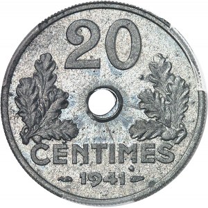 État Français (1940-1944). Épreuve de 20 centimes avec perforation réduite (3 millimčtres), Frappe spéciale (SP) 1941, Paris.