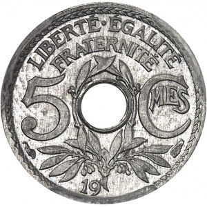 Gouvernement provisoire de la République française (1944-1946). Épreuve de 5 centimes Lindauer petit module, en aluminium 19-- (1945-1946), Paris.