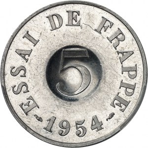 IVe République (1947-1958). Essai de frappe de 5 francs, hybride ŕ double revers, concours de 1955, Frappe spéciale (SP) 1954 et 19--, Paris.