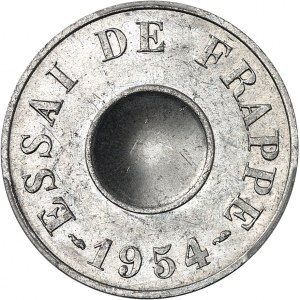 IVe République (1947-1958). Essai de frappe de 5 francs, hybride ŕ double revers, concours de 1955, Frappe spéciale (SP) 1954/1946, Paris.