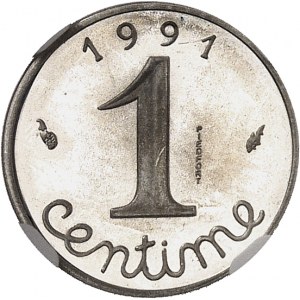 Ve République (1958 ŕ nos jours). Piéfort de 1 centime Épi en argent, Flan bruni (PROOF) 1991, Pessac.