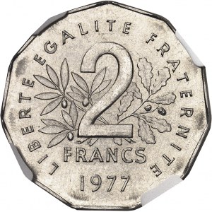 Ve République (1958 ŕ nos jours). Présérie de 2 francs Semeuse, tranche et listel ŕ 11 pans 1977, Pessac.