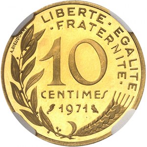 Ve République (1958 ŕ nos jours). Piéfort de 10 centimes Marianne, Flan bruni (PROOF) 1971, Paris.