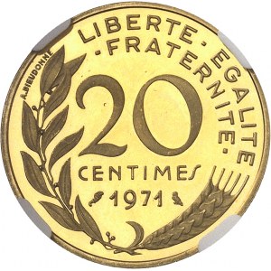 Ve République (1958 ŕ nos jours). Piéfort de 20 centimes Marianne, Flan bruni (PROOF) 1971, Paris.