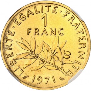 Ve République (1958 ŕ nos jours). Piéfort de 1 franc Semeuse en Or, Flan bruni (PROOF) 1971, Paris.