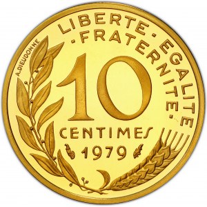 Ve République (1958 ŕ nos jours). Piéfort de 10 centimes Marianne, Flan bruni (PROOF) 1979, Pessac.