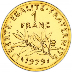 Ve République (1958 ŕ nos jours). Piéfort de 1 franc Semeuse en Or, Flan bruni (PROOF) 1979, Pessac.