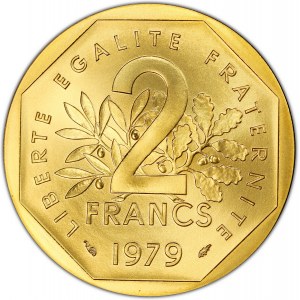 Ve République (1958 ŕ nos jours). Piéfort de 2 francs Semeuse en Or, Flan bruni (PROOF) 1979, Pessac.