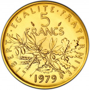 Ve République (1958 ŕ nos jours). Piéfort de 5 francs Semeuse, Flan bruni (PROOF) 1979, Pessac.