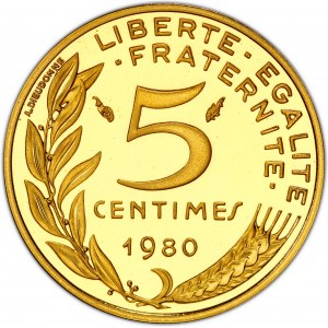 Ve République (1958 ŕ nos jours). Piéfort de 5 centimes Marianne, Flan bruni (PROOF) 1980, Pessac.