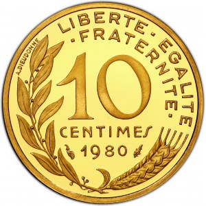 Ve République (1958 ŕ nos jours). Piéfort de 10 centimes Marianne, Flan bruni (PROOF) 1980, Pessac.