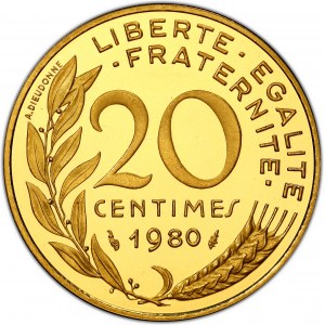 Ve République (1958 ŕ nos jours). Piéfort de 20 centimes Marianne, Flan bruni (PROOF) 1980, Pessac.