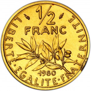Ve République (1958 ŕ nos jours). Piéfort de 1/2 franc Semeuse, Flan bruni (PROOF) 1980, Pessac.