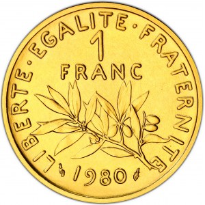 Ve République (1958 ŕ nos jours). Piéfort de 1 franc Semeuse en Or, Flan bruni (PROOF) 1980, Pessac.