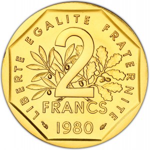 Ve République (1958 ŕ nos jours). Piéfort de 2 francs Semeuse en Or, Flan bruni (PROOF) 1980, Pessac.