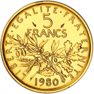 Ve République (1958 ŕ nos jours). Piéfort de 5 francs Semeuse, Flan bruni (PROOF) 1980, Pessac.