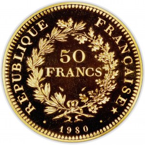 Ve République (1958 ŕ nos jours). Piéfort de 50 francs Hercule, Flan bruni (PROOF) 1980, Pessac.