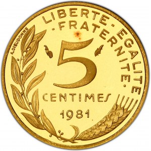Ve République (1958 ŕ nos jours). Piéfort de 5 centimes Marianne, Flan bruni (PROOF) 1981, Pessac.