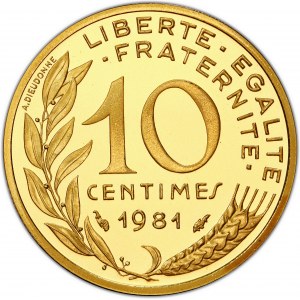 Ve République (1958 ŕ nos jours). Piéfort de 10 centimes Marianne, Flan bruni (PROOF) 1981, Pessac.