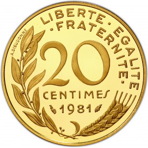 Ve République (1958 ŕ nos jours). Piéfort de 20 centimes Marianne, Flan bruni (PROOF) 1981, Pessac.