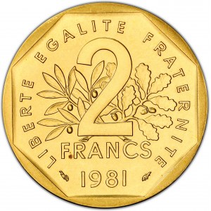 Ve République (1958 ŕ nos jours). Piéfort de 2 francs Semeuse en Or, Flan bruni (PROOF) 1981, Pessac.