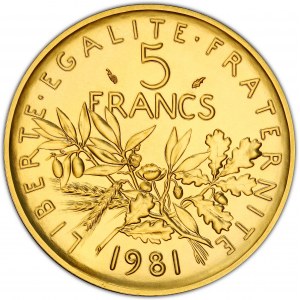 Ve République (1958 ŕ nos jours). Piéfort de 5 francs Semeuse, Flan bruni (PROOF) 1981, Pessac.