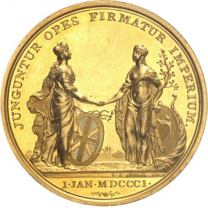 Georges III (1760-1820). Médaille, Union de la Grande-Bretagne et de l’Irlande (naissance du Royaume-Uni), par C. H. Küchler, d’aspect Flan bruni (PROOFLIKE) 1801, Birmingham.