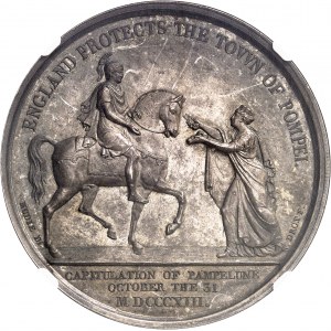 Georges III (1760-1820). Médaille, capitulation de Pampelune, le duc de Wellington, par Brenet et Droz chez James Mudie 1813, Londres.
