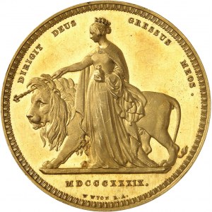 Victoria (1837-1901). Essai de 5 livres (5 pounds) “Una and the lion”, Flan bruni (PROOF) 1839, Londres.