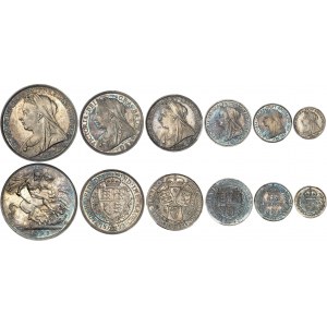 Victoria (1837-1901). Ensemble de 10 monnaies, de la 5 livres au 3 pence, au buste voilé (PROOF SET), Flan bruni (PROOF) 1893, Londres.