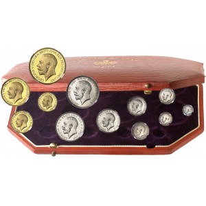 Georges V (1910-1936). Coffret, SPECIMEN COINS, avec 4 monnaies Or et 8 en Argent, Flans brunis (PROOF) 1911, Londres.