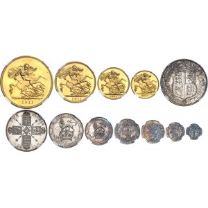 Georges V (1910-1936). Coffret, SPECIMEN COINS, avec 4 monnaies Or et 8 en Argent, Flans brunis (PROOF) 1911, Londres.
