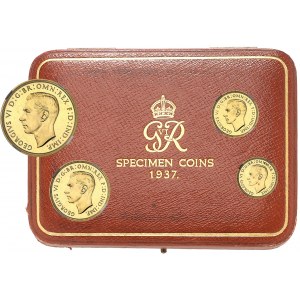 Georges VI (1936-1952). Coffret Specimen coins, avec 1/2 souverain, 1 souverain, 2 livres et 5 livres, flans brunis (PROOF) 1937, Londres.