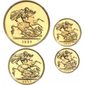 Georges VI (1936-1952). Coffret Specimen coins, avec 1/2 souverain, 1 souverain, 2 livres et 5 livres, flans brunis (PROOF) 1937, Londres.